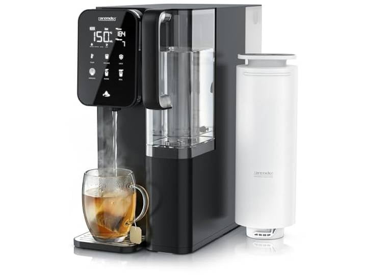 Arendo Osmoseanlage Auftisch mit Heißwasserspender 40 bis 100 Grad – Umkehrosmose Wasserfilter ohne Installation, 7-stufiges Filtersystem 5+2, TDS-Anzeige, 5 Liter Tank, Touchdisplay, Kindersicherung
