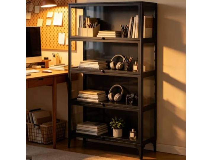 Gavoir Vitrine Schwarz Metall Glas 4-Lagen 32x78x165cm Vitrinenschrank Wohnzimmer Küche Küchenschrank Glasvitrine Stehend Sammlervitrine Stehend