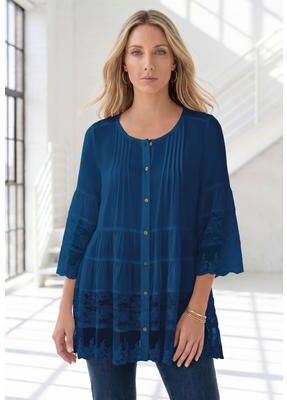 Plus Size Women's Lace Illusion Blouse by Roaman's in Navy (Size 28 W) Long Shirt Blouse