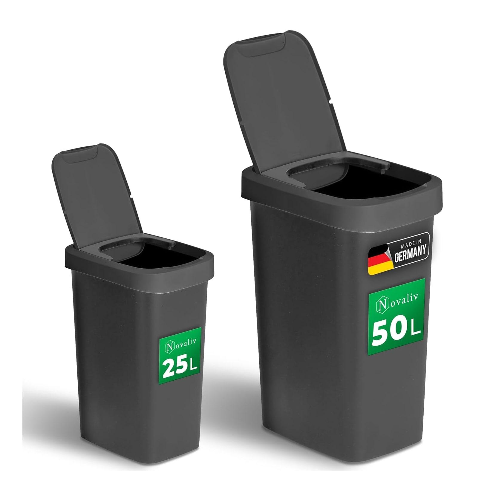 Novaliv Mülleimer-Set 25L + 50L, Abfalleimer mit 2in1 Deckel, Klappdeckel & Schwingdeckel, Anti-Geruch Mülleimer für Küche Haushalt Büro, Müll Eimer Abfall Trash Kunststoff Abfallbehälter