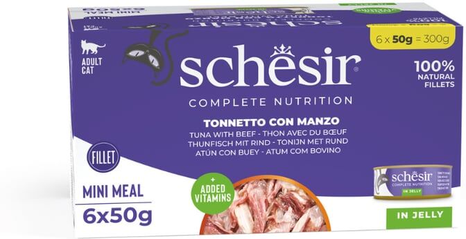 Schesir Cat Pack Lata Filetes Atum com Carne Bovina em Gelatina 8 unid x 6 unid