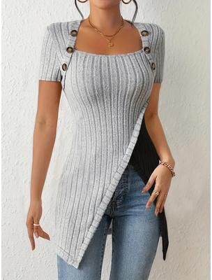 Universal Stock Color Block Button Women's Ribbed Top With Asymmetrical Hem For Casual Summer Style light Grey xxl