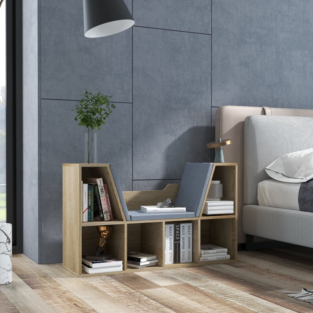 Homcom Bibliothèque banc 2 en 1 - 6 casiers aspect bois clair coussins inclus Marron 102x61x30cm