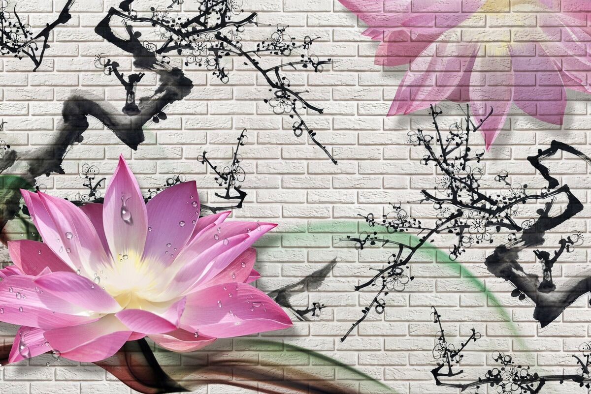 Fototapete PAPERMOON "LOTUSBLUME-STEINWAND GRAFFITI BLUMEN 3D DESIGN BLUME", bunt, B:3,5m L:2,6m, Vlies, Tapeten, Fototapete bunt B/L: 3,5m x 2,6m, Bahnen: 7 Stk.