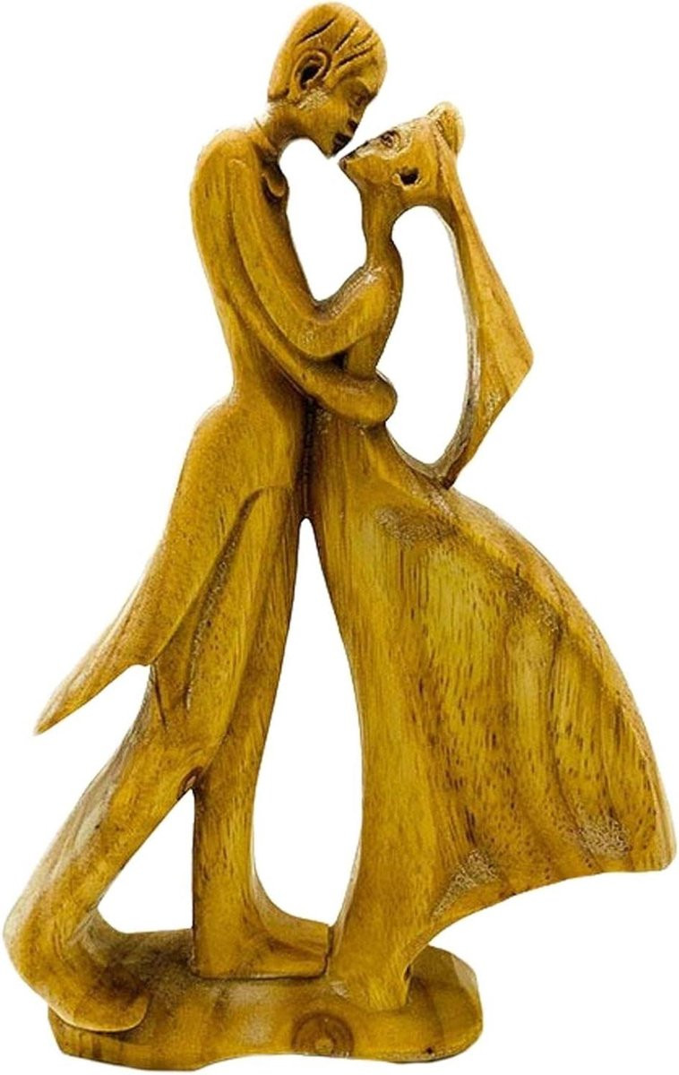 Handgesneden Houten Paar Sculptuur - Liefdesbeeldje voor Huisdecoratie - Hoogte: 22 cm - Houtkleur