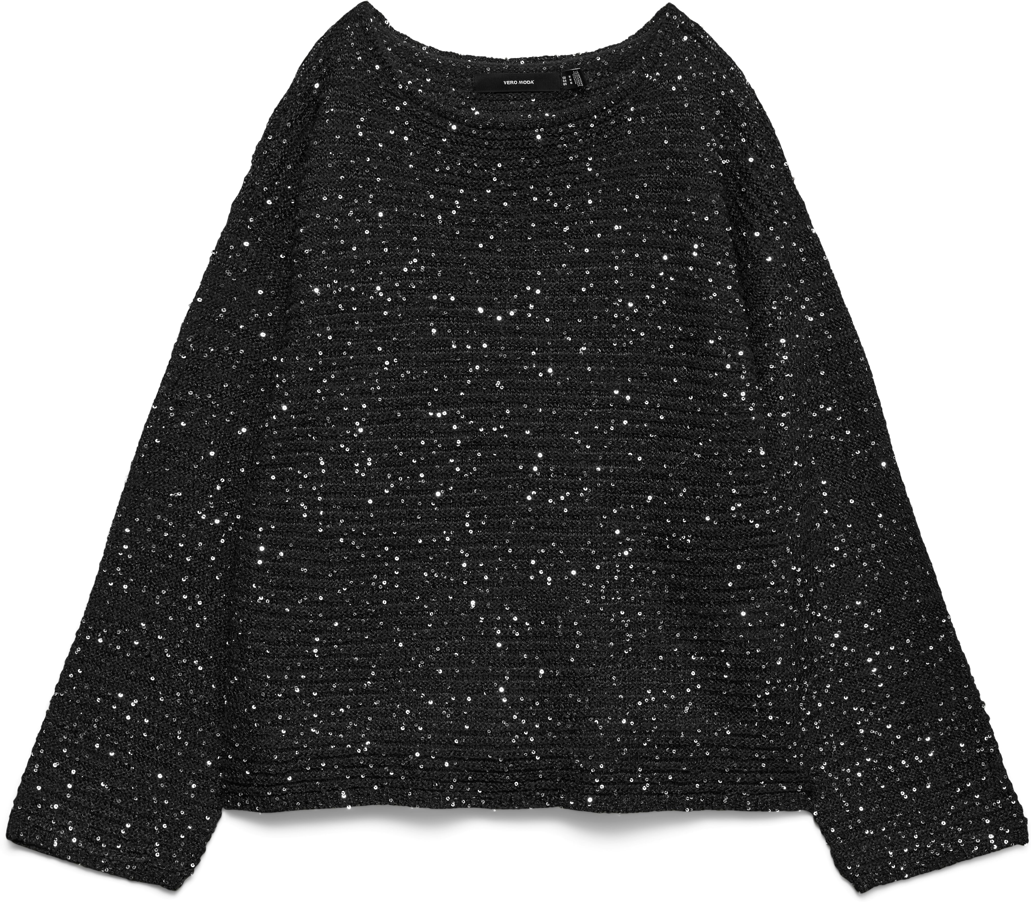 Strickpullover VERO MODA "VMLEILANI STITCH LS BOATNECK PULLOVER", Damen, Gr. S, schwarz-weiss (schwarz detail:with silber seq), Strick, Obermaterial: 68% Polyester, 32% Polyacryl, Glitzermuster, regular fit normal, U-Boot-Ausschnitt, Pullover Strickpullov