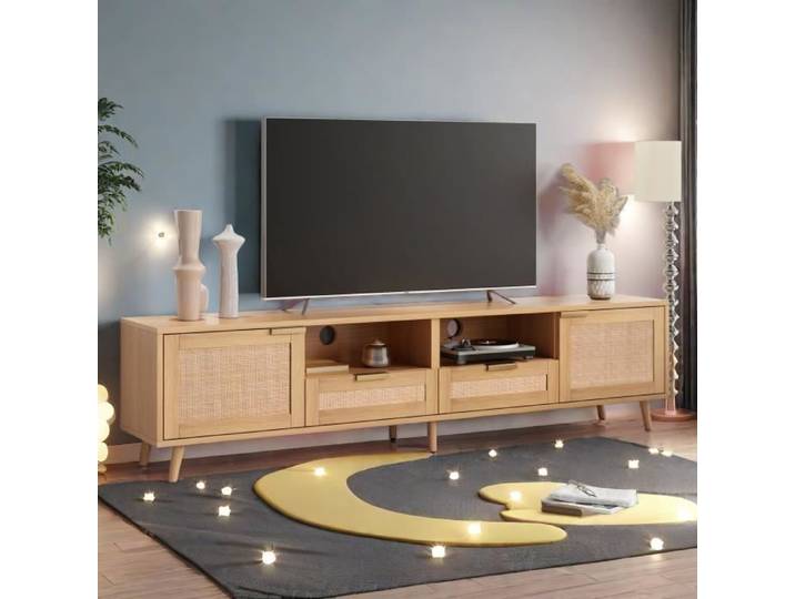 Meuble TV - MISNODE - Design en rotin et bois massif - 200×37×49 cm - 2 tiroirs - Vintage