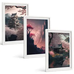 BILDER SET 3er Set - 40x60 cm Weißer Rahmen - Fantasielandschaften der japanischen Berge
