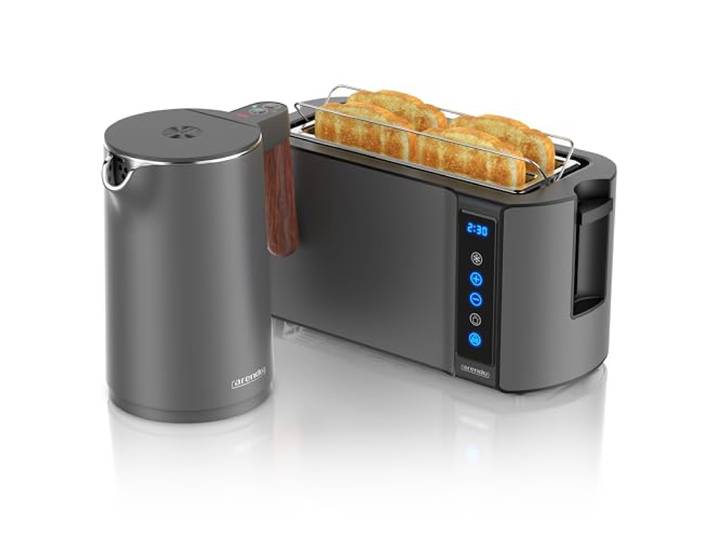 Arendo Wasserkocher Toaster Set Grau, Temperatureinstellung, 4 Scheiben Frühstücksset, Wasserkocher Edelstahl 45 bis 100 °C, Warmhaltefunktion, Holzgriff dunkel, Langschlitztoaster, Touch Display