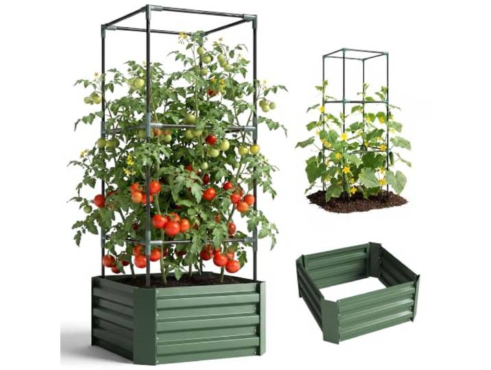 Outsunny Hochbeet mit Rankhilfe Höhenverstellbar Grün 61x61x140 cm