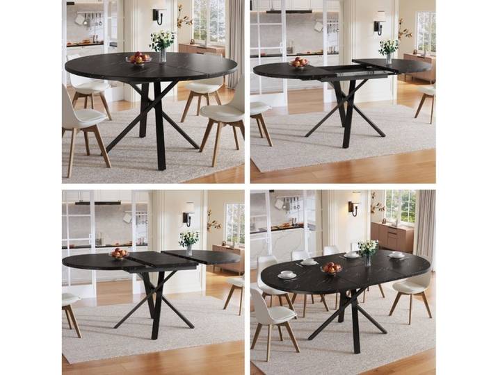 Table à manger ronde extensible Ø100/140 cm effet marbre pieds métal croisés noirs