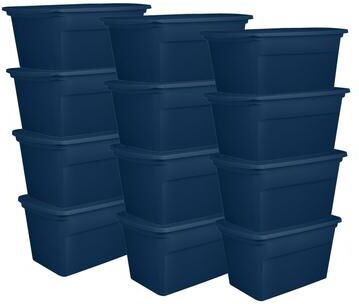 Sterilite Classic Lidded Stackable 30 Gal Storage Tote Container, Blue, 6 Pack