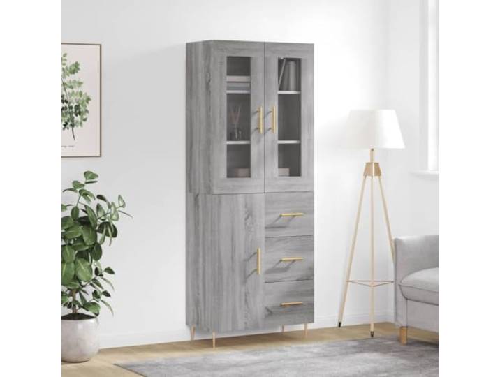 Elegantes Highboard für die Einrichtung aus Holzwerkstoff langlebig in Betongrau mit viel Stauraum, stilvolles Highboard Betongrau für das Wohnzimmer mit Metallfüßen