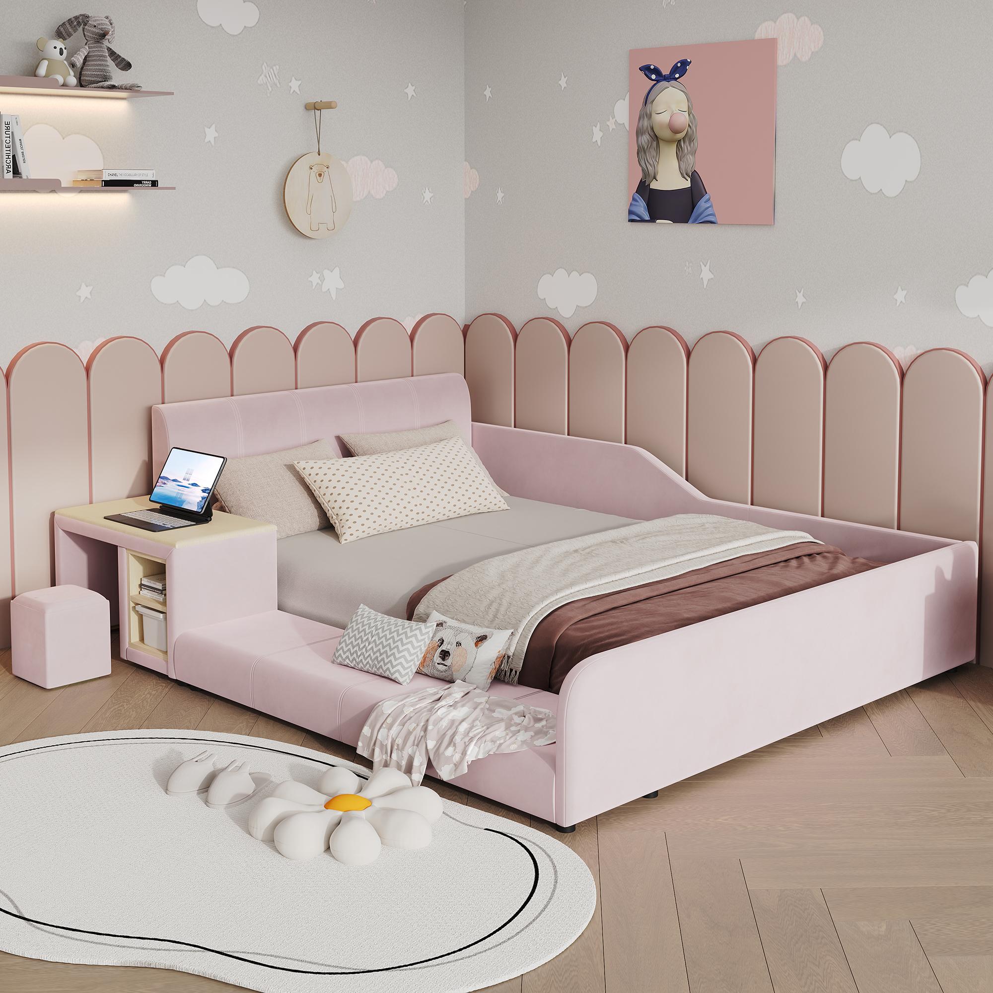 Flieks Polsterbett Kinderbett 140x200cm mit Schreibtisch und Hocker, Bodenbett Doppelbett mit Rausfallschutz, Holzbett mit Lattenrost, Samt, Rosa