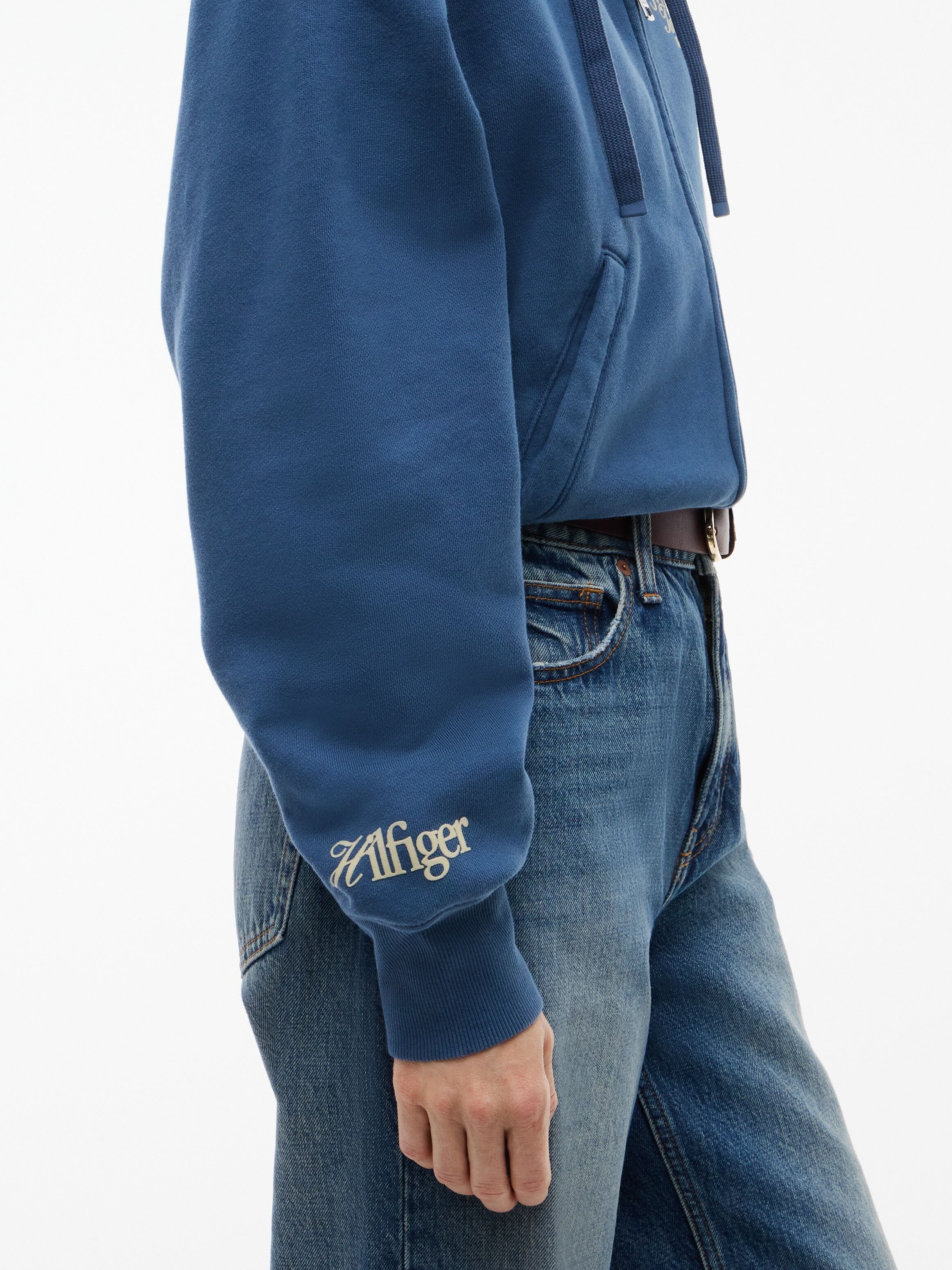 Sweatjacke TOMMY HILFIGER "STUDIO TOMMY ZIP-UP HOODIE SWT", Damen, Gr. XL (46), blau (aegean sea), Sweatware, Obermaterial: 100% Baumwolle, bedruckt, kurz, Rundhals, Sweatjacken Sweatjacke, Baumwolle
