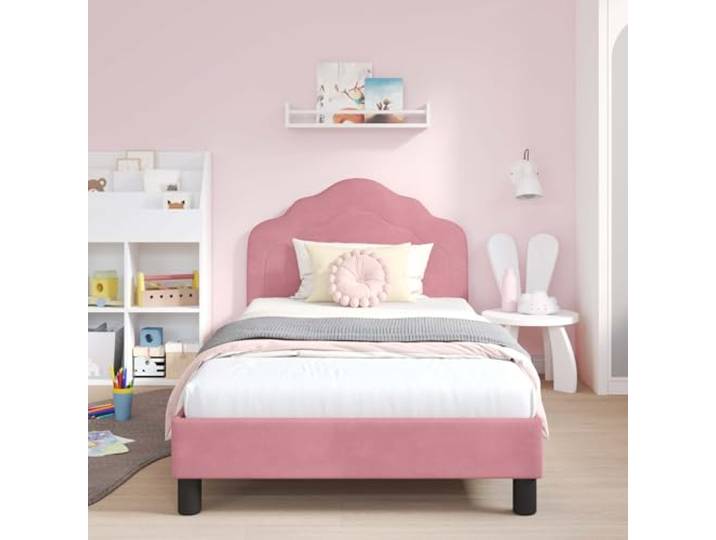 KTHLBRH Bettgestell, Rosa, 90 x 190 cm, Samt Technisches Holz, feste Lattenroste, niedriges Design, einfache Montage