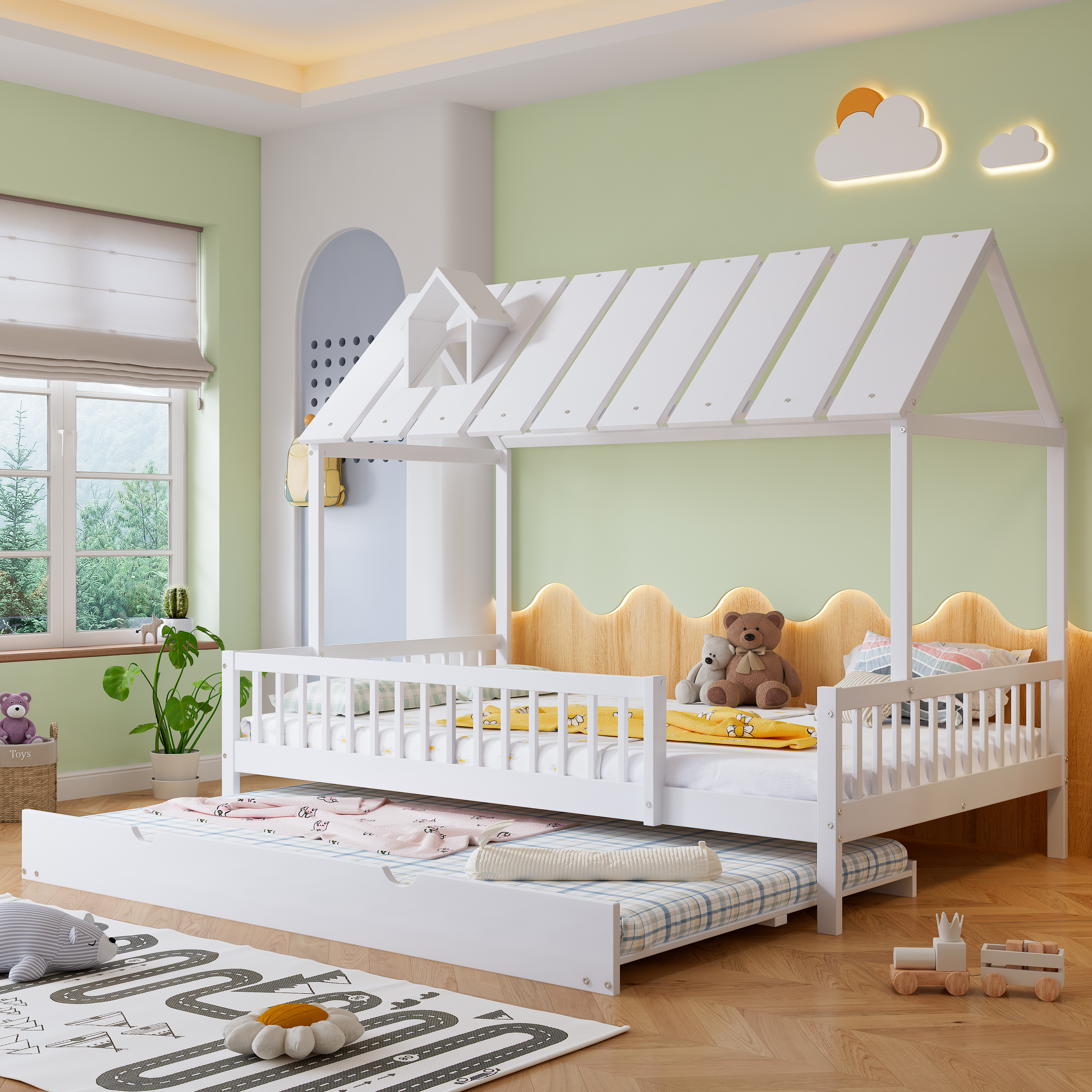 Kinderzimmer-Hausbett mit Rollbett, weißem Dach und Kaminleiste, sicher mit 3-seitigem Gitter, Kiefer+MDF, 120x200/190cm