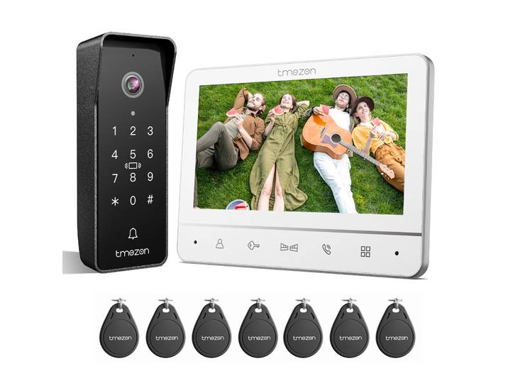 Système d'interphone domestique TMEZON, sonnette vidéo 1080P 7 pouces avec sonnette filaire 1x1080P et déverrouillage par mot de passe