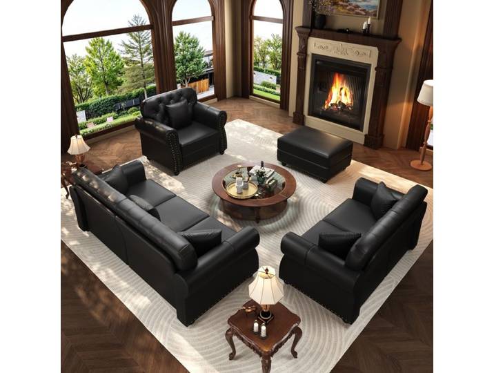 Ensemble Chesterfield 6 places - similicuir noir - canapé 3 places + canapé 2 places + fauteuil 1 place + pouf - 6 coussins
