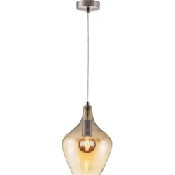 Pendellampe Hängeleuchte Esszimmerlampe Wohnzimmerleuchte Deckenlampe, Metall Glas amber nickel-matt, Höhenverstellbar, E27, H 150 cm