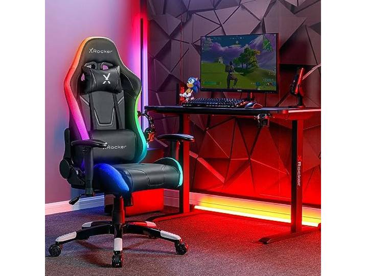 X Rocker Agility Compact Esports LED Gaming Bürodrehstuhl für Kinder & Teenager, Racing Computerstuhl mit Lichtern, Drehstuhl mit Kopfstütze und Lordosenstützkissen, höhenverstellbar – Schwarz