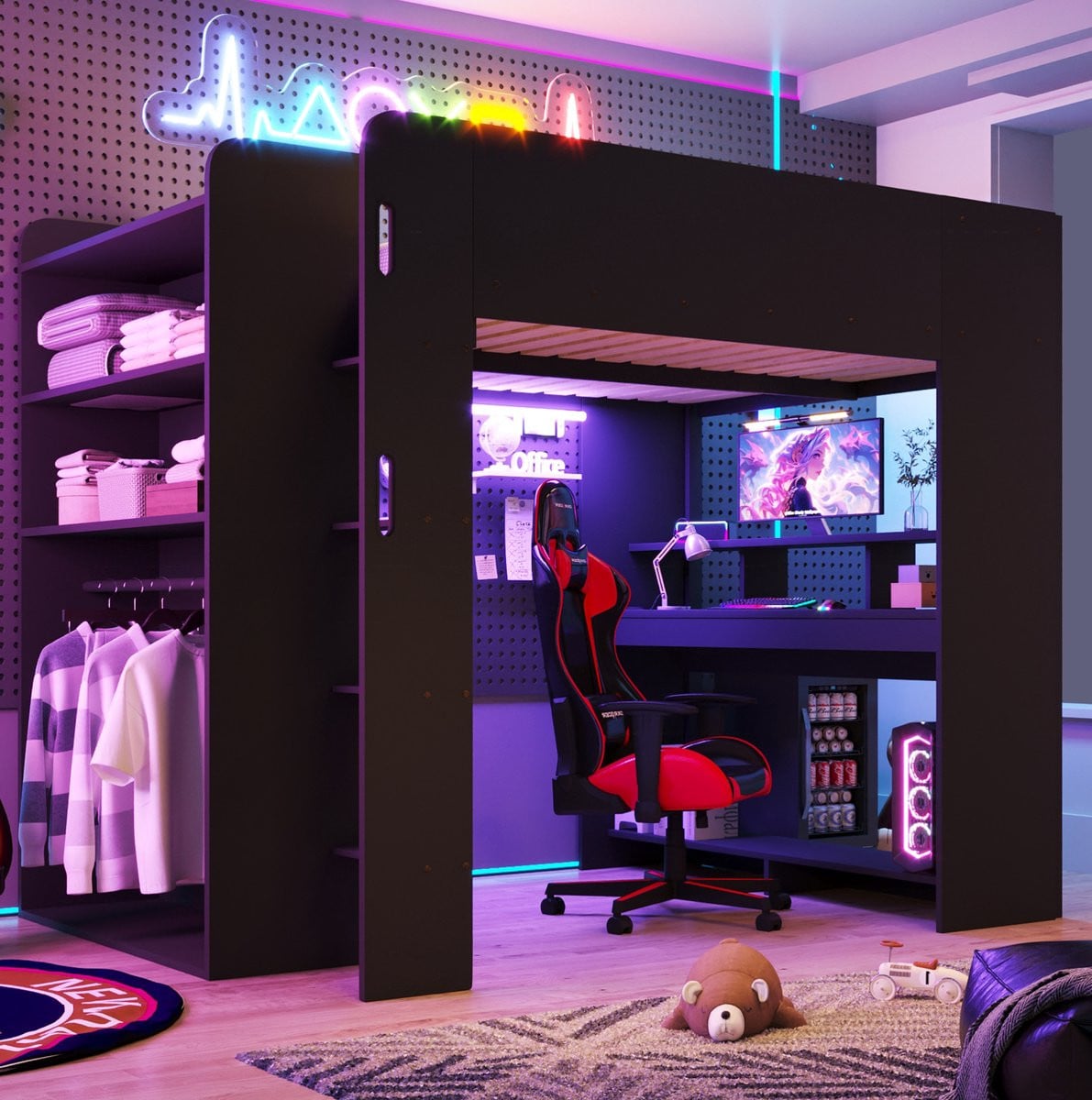 REDOM Hoogslaper met bureau, kast en LED-verlichting in gamingstijl, Zwart, B/D/H: 243 x 147 x 170 cm