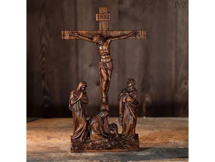 Statues religieuses vintage en bois massif, icônes de croix et de Jésus, décorations de bureau, artisanat de camée