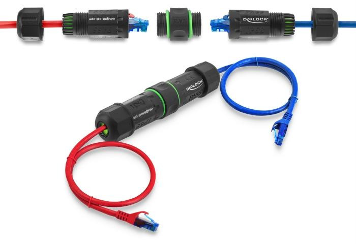 Delock RJ45-connector naar RJ45-connector Cat.6 met M16-schroefdraad IP68 stof- en waterdicht