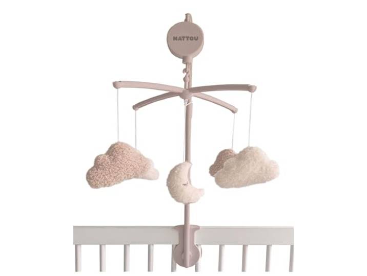 Nattou Mobile mit Spieluhr aus Holz, Mond und Wolken, Sanftes Wiegelied La-Le-Lu, Ca. 65 cm, Teddy, Beige/Weiß