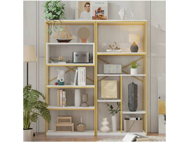 Bibliotheque Ouverte Metal MDF Blanc Or Etagere Rangement Moderne FloraGrace Pour Salon Bureau Facile A Assembler 160x29 5x180cm