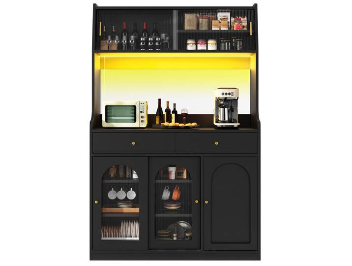 Flieks Buffet LED Vitrine Schwarz, 120x180x40 cm, Esszimmer, Anrichten, Buffetschränke