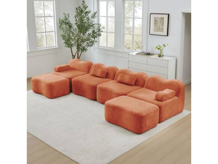 Canapé en U modulable 4 places avec 2 poufs velours orange mousse haute densité 32D sans structure interne ORVRYN