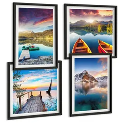 BILDER SET 4er Set - 50x50 cm & 40x60 cm Schwarzer Rahmen - Seen- und Berglandschaft Łódź