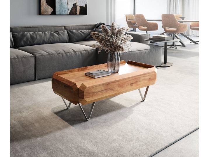 DELIFE Couchtisch Kiano 100x50 cm Akazie Natur 2 Schübe V-Fuß Edelstahl, Couchtische