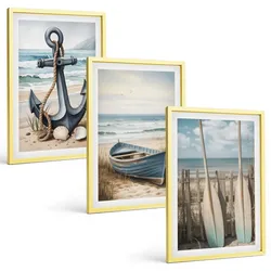 BILDER SET 3er Set - 40x60 cm Goldrahmen - Anker, Boot, Ruder, Strand