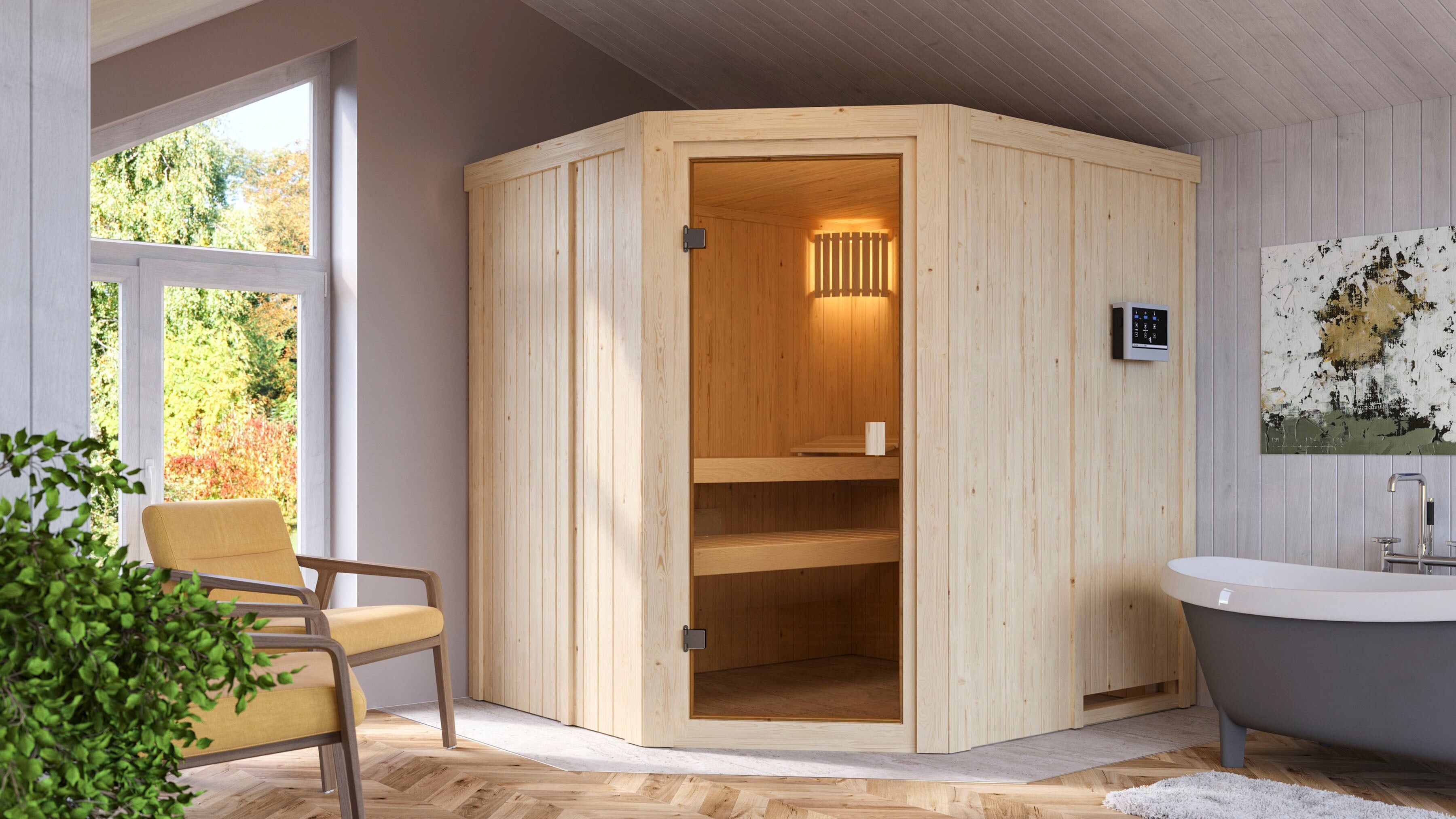 Sauna KARIBU "Bodo", beige (natur), Bio-Ofen, externe Steuerung, 9 kW, Saunen, Sauna, Ofen 9 kW Bio externe Strg easy
