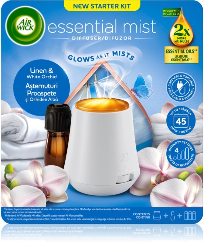 Air Wick Essential Mist Linen & White Orchid diffuseur d'huiles essentielles avec recharge 1 pcs