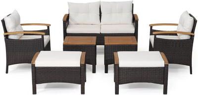 Costway 7 Piece Rattan Patio Sofa Set with Acacia Wood Tabletop and Armrests