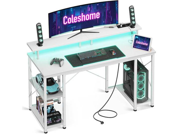 Gaming Tisch mit LED-Beleuchtung Weiß 120 x 50 cm, Metall, 50x86.5x120 cm, Büromöbel, Schreibtische, Gaming-Tische