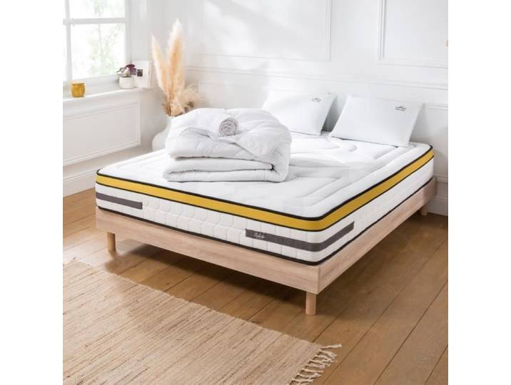 Ensemble Aubertin 160x200 cm + sommier bois + accessoires - Ressorts + mémoire - Ép. 24 cm