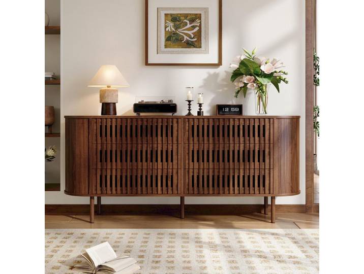 Buffet 160x40x70cm en MDF 6 tiroirs design à lamelles creuses pieds métalliques robustes commode de couloir de salon Noyer