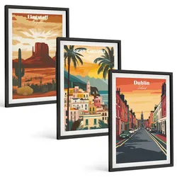 BILDER SET 3er Set - 40x60 cm Schwarzer Rahmen - Landschaften natürlicher Städte