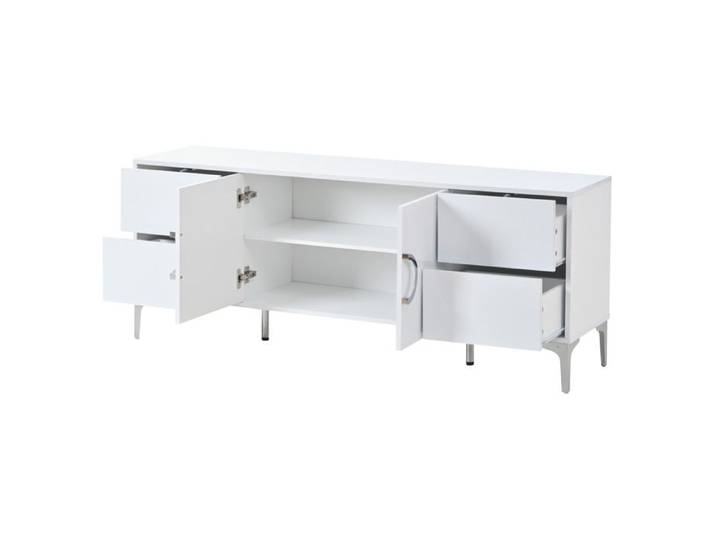 Buffet bas blanc brillant en MDF - 150 x 38 x 59 5 cm - 4 tiroirs et 2 portes