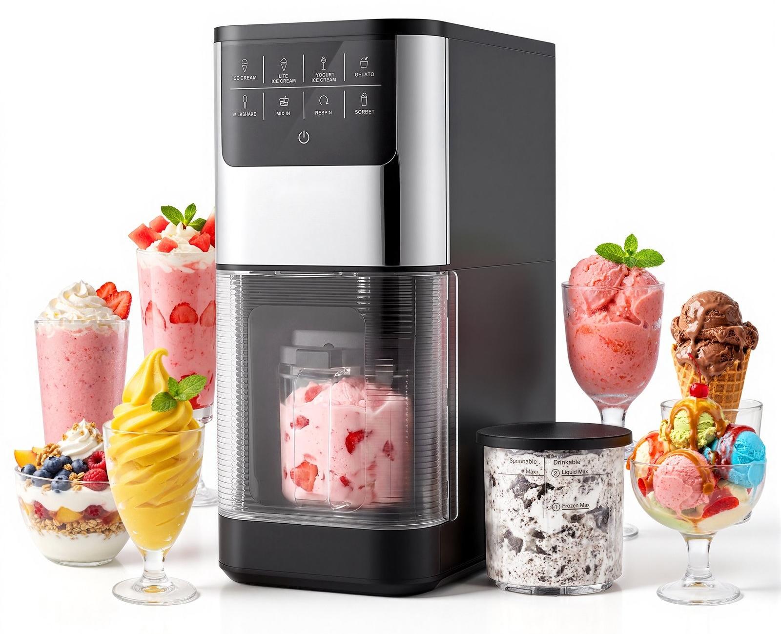 Eismaschine - 7-in-1 Eiscreme- und Frozen-Yogurt-Maschine - Für Gelato Sorbet Milchshake Light-Eis - Ein-Knopf-Bedienung - Rühren & Nachfrieren - Glatte cremige Textur