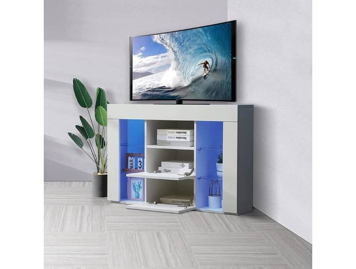 Meuble TV d'angle Blanc - DRIPEX - Moderne - LED Bleu - Étagères de Rangement