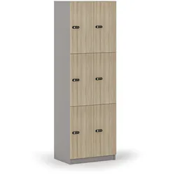 Holzspind S4 mit Ablagefächern, 6 Fächer, zerlegt, mechanisches Codeschloss, grau/Eiche natur
