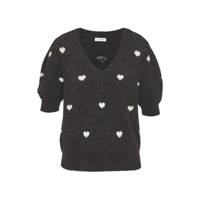 Kurzarmpullover LASCANA "mit Herzmuster, V-Pullover mit kurzen Puffärmeln", Damen, Gr. 36/38, schwarz (dunkelgrau, creme), Strick, Obermaterial: 97% Polyester, 3% Elasthan, gemustert, figurumspielend hüftlang, V-Ausschnitt, Puffärmel...