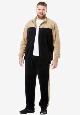 Men's Big & Tall Colorblock Velour Tracksuit by KingSize in Khaki Black (Size 7XL)