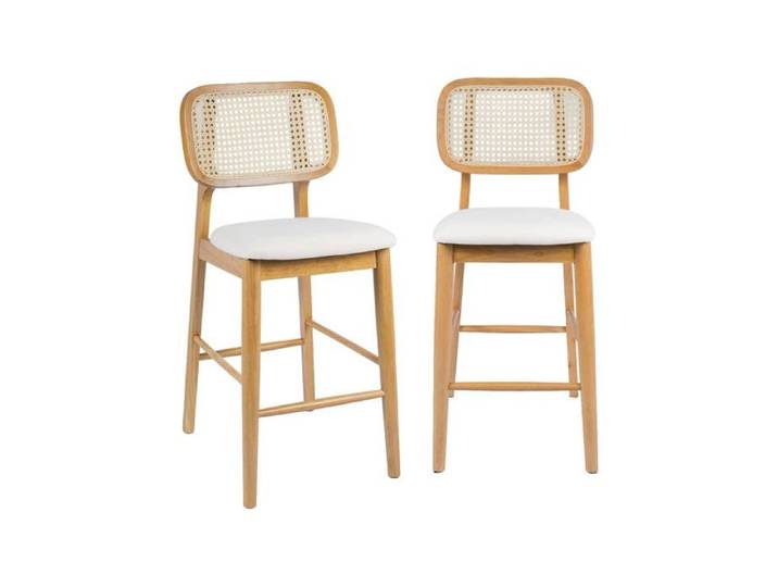 sweeek - Tabouret de bar bois d'hévéa cannage et tissu 66 5cm (lot de 2) MANI