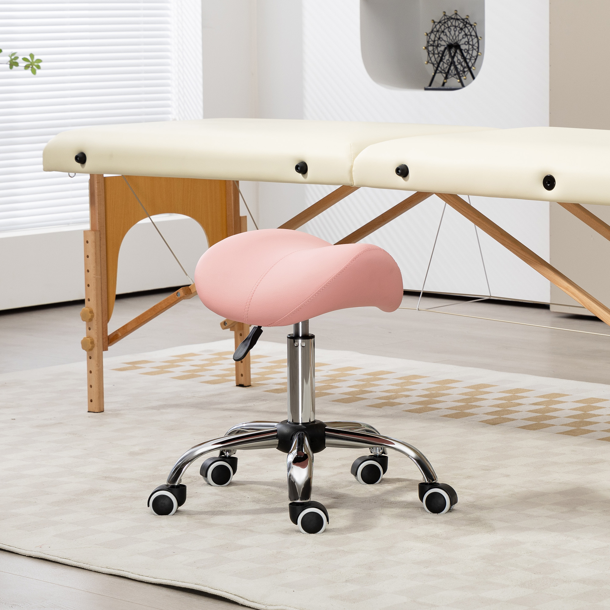 Homcom Sgabello a rotelle, sedia da lavoro con altezza regolabile 49-61 cm e sella ergonomica, 52x53x49-61cm, rosa   Aosom Italy